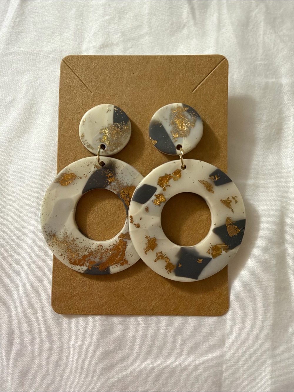 White and Gray Polymer Clay Earrings with Gold Foil Accent